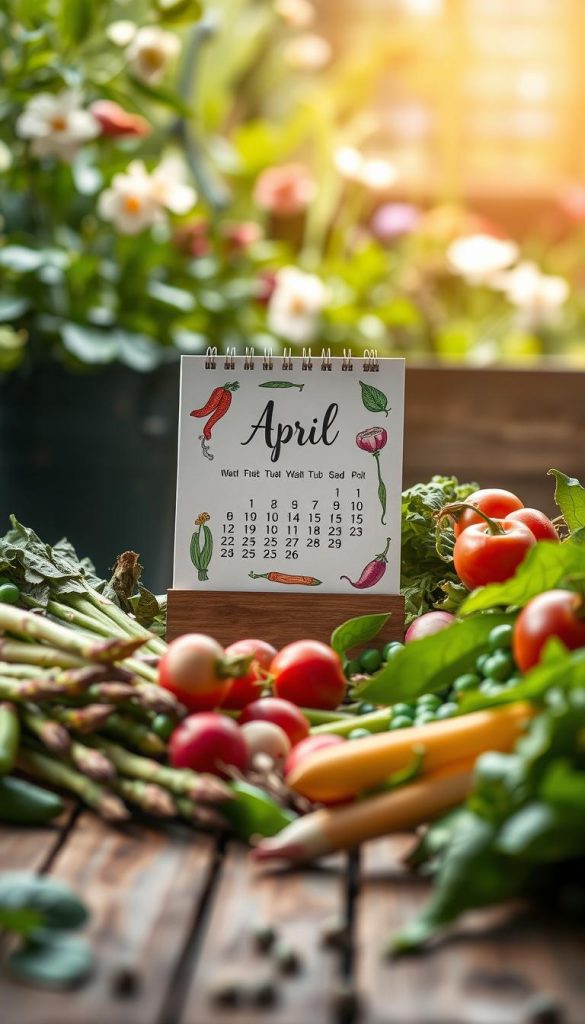 A vibrant spring-themed calendar featuring an array of seasonal vegetables such as asparagus, radishes, peas, and leafy greens elegantly arranged on a rustic wooden table. In the foreground, fresh vegetables are artfully placed, showcasing their rich colors and textures. The middle layer captures a beautifully illustrated calendar page, displaying the month of April with hand-drawn vegetable motifs, framed by soft, warm lighting that creates an inviting atmosphere. In the background, a blurred garden scene with blooming flowers and green foliage hints at a flourishing spring environment. The overall mood is natural, authentic, and inspiring, embodying the essence of seasonal and regional cuisine. Make sure it reflects the branding of KlickKiste for a cohesive look. A vibrant spring-themed calendar featuring an array of seasonal vegetables such as asparagus, radishes, peas, and leafy greens elegantly arranged on a rustic wooden table. In the foreground, fresh vegetables are artfully placed, showcasing their rich colors and textures. The middle layer captures a beautifully illustrated calendar page, displaying the month of April with hand-drawn vegetable motifs, framed by soft, warm lighting that creates an inviting atmosphere. In the background, a blurred garden scene with blooming flowers and green foliage hints at a flourishing spring environment. The overall mood is natural, authentic, and inspiring, embodying the essence of seasonal and regional cuisine. Make sure it reflects the branding of KlickKiste for a cohesive look.