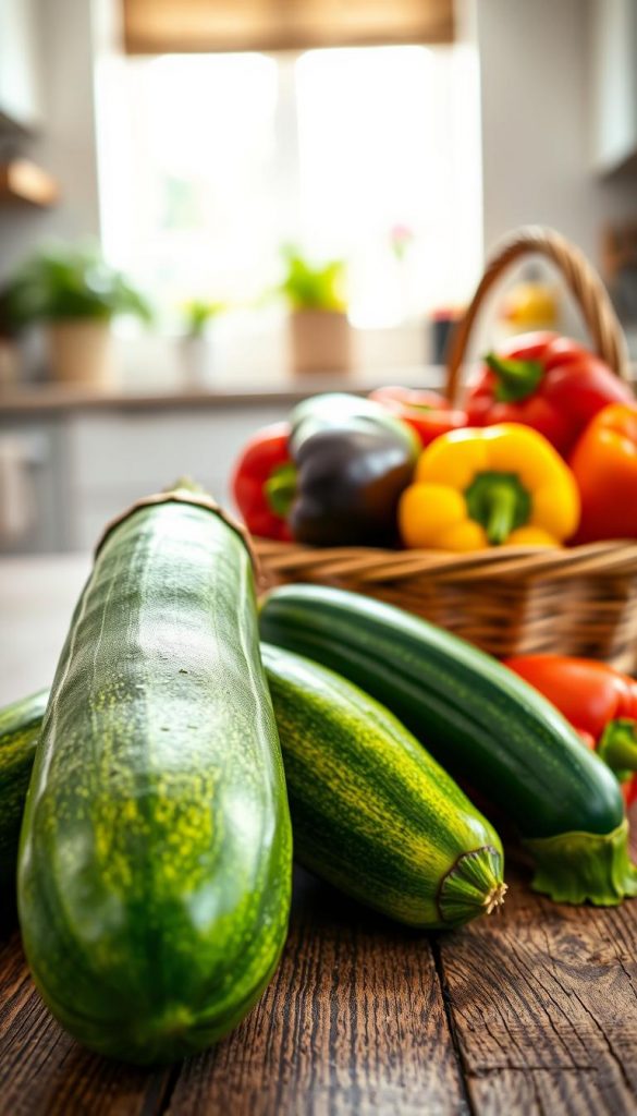 A vibrant still life featuring fresh zucchini, aubergines, and bell peppers, artistically arranged on a rustic wooden table. In the foreground, a glossy green zucchini is prominently displayed alongside a rich purple aubergine and brightly colored red and yellow bell peppers. The middle ground reveals a woven basket filled with additional vegetables, exuding a farm-fresh feel. The background softly blurs out a sunlit kitchen with light streaming through a window, creating a warm and inviting atmosphere. The image should employ soft, natural lighting to highlight the textures of the vegetables, giving them an authentic and inspiring Pinterest aesthetic. Please ensure no text or logos are present in the image, just the essence of summer's bounty, from 'KlickKiste'. A vibrant still life featuring fresh zucchini, aubergines, and bell peppers, artistically arranged on a rustic wooden table. In the foreground, a glossy green zucchini is prominently displayed alongside a rich purple aubergine and brightly colored red and yellow bell peppers. The middle ground reveals a woven basket filled with additional vegetables, exuding a farm-fresh feel. The background softly blurs out a sunlit kitchen with light streaming through a window, creating a warm and inviting atmosphere. The image should employ soft, natural lighting to highlight the textures of the vegetables, giving them an authentic and inspiring Pinterest aesthetic. Please ensure no text or logos are present in the image, just the essence of summer's bounty, from 'KlickKiste'.