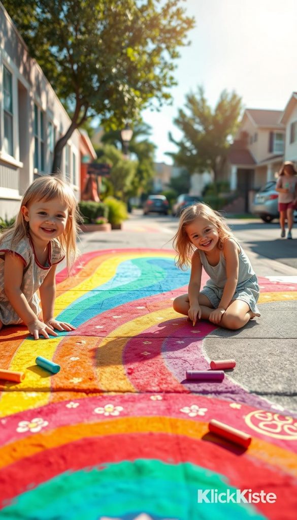 A vibrant street scene filled with colorful chalk art created by children, showcasing a large rainbow mural on a sidewalk. In the foreground, three children are joyfully drawing together, wearing casual, modest clothing, with smiles on their faces. The middle ground features the detailed rainbow artwork and small whimsical designs like flowers and stars, interspersed with chalk pieces scattered around. In the background, a sunny neighborhood with homes and trees can be seen, adding warmth to the scene. The lighting is bright and cheerful, suggesting a sunny summer day, capturing the essence of creativity and community. The overall atmosphere is inspiring and authentic, reminiscent of Pinterest-style DIY images. Include a subtle brand element, "KlickKiste," integrated into the scene without text.