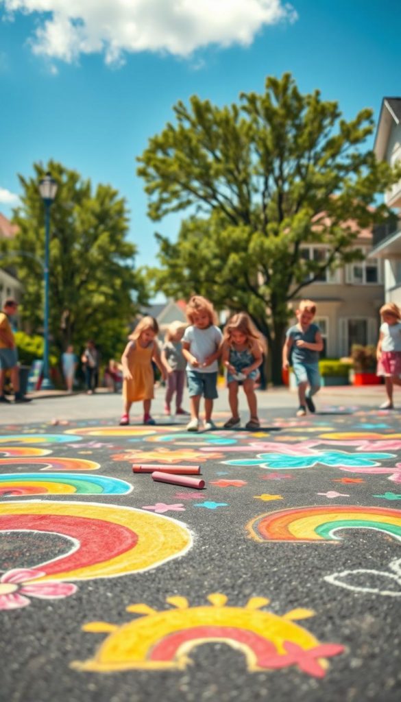 A vibrant street scene filled with colorful chalk artworks created by children on a sunny day. In the foreground, detailed drawings of rainbows, flowers, and whimsical creatures are sketched on the pavement, showcasing a variety of bright and warm colors. In the middle ground, kids dressed in casual, modest clothing are joyfully collaborating, using colorful chalks scattered around them. The background features a charming neighborhood with green trees and cheerful houses under a clear blue sky, adding to the uplifting atmosphere. The soft afternoon sunlight casts gentle shadows, enhancing the lively colors of the chalk art. The image should feel authentic and inspiring, capturing the essence of creativity and community spirit, reminiscent of a Pinterest-worthy DIY project by KlikKiste.