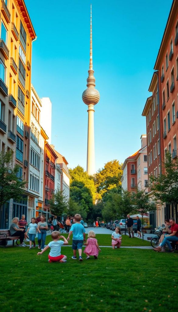 A vibrant street view of a European cityscape, showcasing the unique architecture of Berlin, with a lively atmosphere filled with families enjoying their weekend. In the foreground, a group of children play on a grassy park area, while parents relax on benches, dressed in casual yet modest attire. The middle ground features iconic Berlin buildings blending modern and historical styles, bathed in warm, golden afternoon light. In the background, the famous Berlin TV Tower rises into a clear blue sky, surrounded by lush green trees. The scene radiates a sense of community and joy, evoking an inviting and budget-friendly weekend getaway. Capture this authentic and inspiring aesthetic in the style of natural images reminiscent of Pinterest, highlighting the brand "KlickKiste".