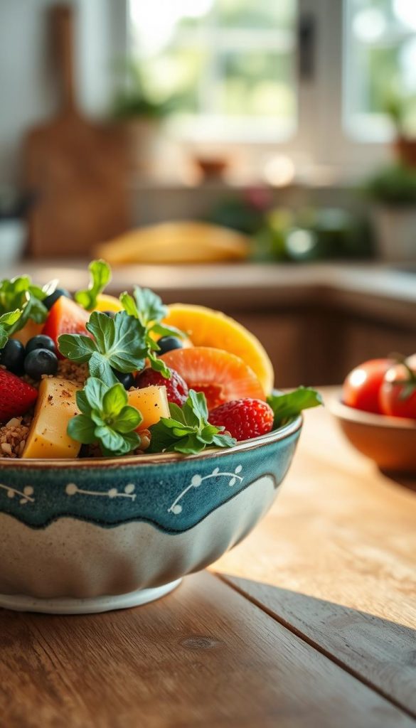 A vibrant summer bowl filled with a colorful assortment of fresh fruits, leafy greens, and grains, artfully arranged to showcase a healthy and appealing meal. In the foreground, the bowl is made of smooth, artisanal ceramic with a rustic, hand-painted design that reflects a warm, inviting aesthetic. The background features a soft-focus kitchen setting with natural sunlight streaming through the window, casting gentle shadows and highlighting the textures of the ingredients. Include a wooden table surface that complements the bowl's colors. The overall mood is refreshing and inspiring, invoking a sense of summer vitality. The image should align with the themed aesthetic of “KlickKiste” and resonate with viewers seeking healthy and creative meal ideas, rendered in soft, warm tones for an authentic Pinterest-like ambiance. A vibrant summer bowl filled with a colorful assortment of fresh fruits, leafy greens, and grains, artfully arranged to showcase a healthy and appealing meal. In the foreground, the bowl is made of smooth, artisanal ceramic with a rustic, hand-painted design that reflects a warm, inviting aesthetic. The background features a soft-focus kitchen setting with natural sunlight streaming through the window, casting gentle shadows and highlighting the textures of the ingredients. Include a wooden table surface that complements the bowl's colors. The overall mood is refreshing and inspiring, invoking a sense of summer vitality. The image should align with the themed aesthetic of “KlickKiste” and resonate with viewers seeking healthy and creative meal ideas, rendered in soft, warm tones for an authentic Pinterest-like ambiance.