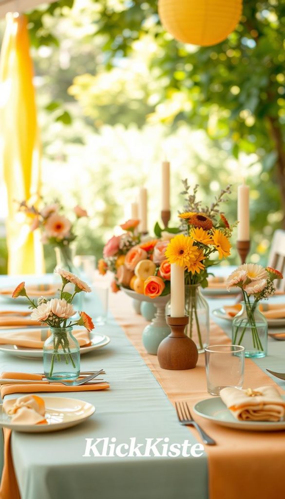 A vibrant summer color palette featuring warm and inviting tones of yellow, peach, aqua, and soft green. In the foreground, a beautifully arranged table decor showcases natural elements like fresh flowers in simple vases, colorful tablecloths, and rustic wooden utensils. In the middle ground, a charming centerpiece made of seasonal fruits and decorative candles adds depth, inviting a sense of warmth and joy. The background captures a sunlit garden setting, with greenery and soft sunlight filtering through foliage, creating an enchanting atmosphere. The image utilizes soft, natural lighting to enhance warmth and texture, shot at a slight angle to give depth. Designed in the Pinterest aesthetic, this composition evokes an authentic and inspiring vibe, ideal for summer gatherings, emphasizing the brand "KlickKiste."