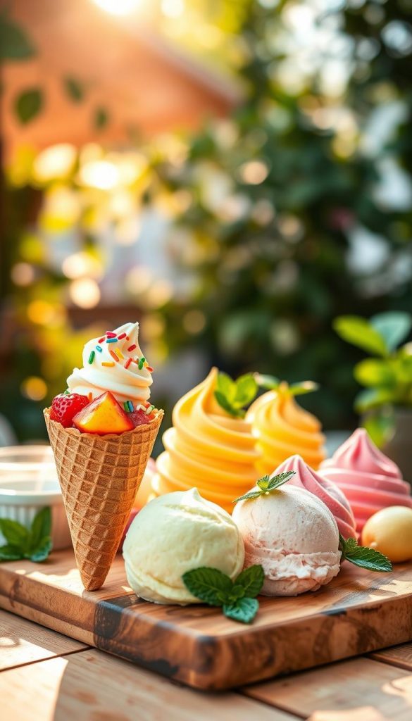 A vibrant summer dessert scene showcasing an artistic arrangement of colorful ice creams and sorbets, elegantly displayed in various shapes and served on a wooden board. In the foreground, feature a trio of ice cream cones topped with whimsical, bright sprinkles and fresh fruit slices, like strawberries and mango, exuding a refreshing ambiance. In the middle, include smooth sorbet scoops in pastel colors like lemon yellow, mint green, and raspberry pink, adorned with mint leaves. The background reveals a sun-drenched outdoor setting with soft-focus greenery and warm sunlight filtering through, creating a cheerful and inviting atmosphere. The overall mood is joyful and refreshing, perfect for warm days. Capture this scene with soft, natural lighting, emphasizing the rich textures and vibrant colors, with a Pinterest aesthetic. Signature style by KlickKiste. A vibrant summer dessert scene showcasing an artistic arrangement of colorful ice creams and sorbets, elegantly displayed in various shapes and served on a wooden board. In the foreground, feature a trio of ice cream cones topped with whimsical, bright sprinkles and fresh fruit slices, like strawberries and mango, exuding a refreshing ambiance. In the middle, include smooth sorbet scoops in pastel colors like lemon yellow, mint green, and raspberry pink, adorned with mint leaves. The background reveals a sun-drenched outdoor setting with soft-focus greenery and warm sunlight filtering through, creating a cheerful and inviting atmosphere. The overall mood is joyful and refreshing, perfect for warm days. Capture this scene with soft, natural lighting, emphasizing the rich textures and vibrant colors, with a Pinterest aesthetic. Signature style by KlickKiste.
