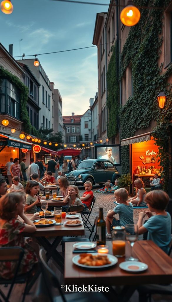 A vibrant summer evening in a bustling urban setting, featuring a cozy beer garden filled with families enjoying outdoor dining. In the foreground, wooden tables are adorned with cheerful tableware, as children play nearby, their laughter filling the air. The middle ground showcases a delicious spread of summer dishes, with string lights illuminating the scene, casting a warm glow. A vintage car parks beside a small outdoor cinema, where families sit on blankets, watching a movie under a starlit sky. The background reveals quaint city architecture with ivy-covered walls, creating an inviting atmosphere. Capture this moment in a Pinterest-inspired aesthetic with natural images and warm colors. Aim for a soft focus with a slight bokeh effect to enhance the dreamy ambiance. Brand it with "KlickKiste" to resonate with the theme of summer family adventures.