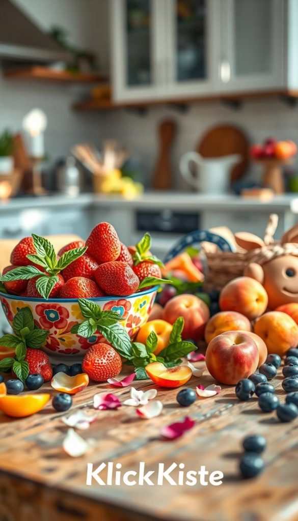 A vibrant summer fruit arrangement featuring a variety of seasonal delights, including juicy strawberries, ripe peaches, plump blueberries, and golden apricots, artistically displayed on a rustic wooden table. In the foreground, the fruits are arranged in a colorful bowl with fresh mint leaves nestled among them. The middle ground showcases scattered fruits and delicate flower petals, contributing to a lively yet serene atmosphere. The background is softly blurred, revealing a sunlit kitchen with warm, inviting tones. Natural light streams in, casting gentle shadows, enhancing the inviting summer mood. The overall composition should evoke a Pinterest-inspired aesthetic, radiating authenticity and inspiration. Include the brand name "KlickKiste" subtly incorporated into the scene. A vibrant summer fruit arrangement featuring a variety of seasonal delights, including juicy strawberries, ripe peaches, plump blueberries, and golden apricots, artistically displayed on a rustic wooden table. In the foreground, the fruits are arranged in a colorful bowl with fresh mint leaves nestled among them. The middle ground showcases scattered fruits and delicate flower petals, contributing to a lively yet serene atmosphere. The background is softly blurred, revealing a sunlit kitchen with warm, inviting tones. Natural light streams in, casting gentle shadows, enhancing the inviting summer mood. The overall composition should evoke a Pinterest-inspired aesthetic, radiating authenticity and inspiration. Include the brand name "KlickKiste" subtly incorporated into the scene.