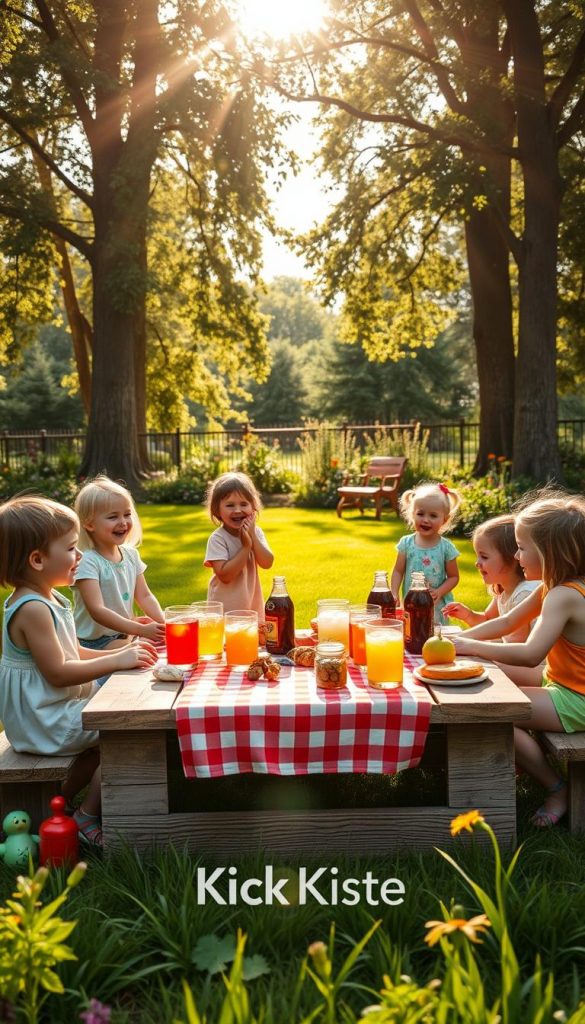A vibrant summer garden scene capturing the essence of classic outdoor games. In the foreground, a group of children in casual summer attire engage in a lively game of circle-playing, laughing and smiling joyfully. They are surrounded by lush green grass, colorful flowers, and a few scattered toys, reflecting a sense of innocence and playfulness. In the middle ground, a weathered wooden picnic table adorned with a checkered cloth holds an array of refreshing drinks and snacks, inviting relaxation. The background features tall trees creating dappled sunlight effects, casting warm, inviting rays through the leaves. The overall atmosphere is cheerful and nostalgic, reminiscent of carefree summer days. The image should reflect a Pinterest-like aesthetic with natural, warm colors. Include a subtle hint of the brand "KlickKiste" within the scene without dominating the image.