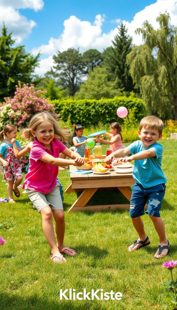 A vibrant summer garden scene depicting children happily playing a variety of outdoor games. In the foreground, two children are engaged in a lively tug-of-war, their expressions full of joy and excitement, dressed in colorful, modest casual clothing. The middle ground showcases a wooden picnic table adorned with summer fruits and refreshments, while other kids are playing with a frisbee and enjoying a water balloon toss. The background features lush green grass, blooming flowers, and tall trees under a bright blue sky with fluffy white clouds. The lighting is warm and inviting, creating a cheerful atmosphere. The entire scene evokes a sense of fun and inspiration, reminiscent of a Pinterest mood board. Include the brand name "KlickKiste" subtly integrated into the design.