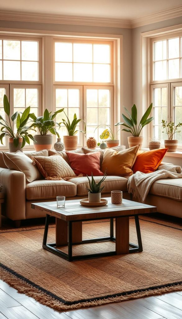 A vibrant summer living room scene inspired by the concept of "farben" with a harmonious blend of warm, inviting colors. In the foreground, showcase a cozy seating arrangement featuring a plush sofa adorned with colorful throw pillows in various earthy tones, complemented by a rustic coffee table with natural wood textures. The middle ground features a stylish area rug with a geometric pattern, creating a visual focal point. In the background, large windows let in warm, golden sunlight, illuminating potted plants and decorative elements that capture a Pinterest aesthetic. The mood should feel lively yet serene, embodying a balance between comfort and elegance. This image should embody the brand aesthetic of "KlickKiste," inspiring natural DIY decor ideas while maintaining authenticity. Use soft lighting and a slight angle for depth and warmth. A vibrant summer living room scene inspired by the concept of "farben" with a harmonious blend of warm, inviting colors. In the foreground, showcase a cozy seating arrangement featuring a plush sofa adorned with colorful throw pillows in various earthy tones, complemented by a rustic coffee table with natural wood textures. The middle ground features a stylish area rug with a geometric pattern, creating a visual focal point. In the background, large windows let in warm, golden sunlight, illuminating potted plants and decorative elements that capture a Pinterest aesthetic. The mood should feel lively yet serene, embodying a balance between comfort and elegance. This image should embody the brand aesthetic of "KlickKiste," inspiring natural DIY decor ideas while maintaining authenticity. Use soft lighting and a slight angle for depth and warmth.