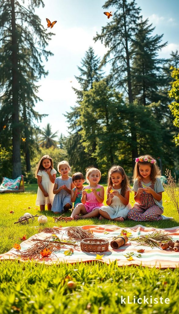 A vibrant summer outdoor scene showcasing various DIY children's craft ideas inspired by nature. In the foreground, a colorful picnic blanket is spread across a lush green lawn, dotted with craft supplies like twigs, leaves, and flowers, inviting hands-on creativity. In the middle ground, a group of children of diverse backgrounds, dressed in modest summer clothing, is joyfully engaged in crafting nature-inspired projects, such as leaf rubbings and flower crowns. In the background, tall trees bask in warm sunlight, with fluttering butterflies and soft, wispy clouds overhead, evoking a serene and cheerful atmosphere. The lighting is bright and warm, simulating the golden hour, enhancing the inviting and inspiring feel of the scene. The overall composition should reflect the authenticity and charm characteristic of naturel DIY images, reminiscent of a Pinterest aesthetic. Include a subtle brand element of "KlickKiste" integrated into the scene.