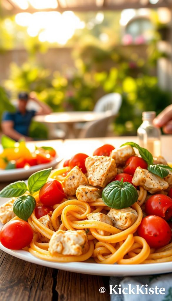 A vibrant summer pasta dish featuring tender chicken pieces tossed with ripe cherry tomatoes, and colorful bell peppers, all glistening with a light olive oil dressing. The foreground shows the pasta spiral, garnished with fresh basil leaves, creating a lush, inviting meal. In the middle, a rustic wooden table adds a cozy touch, while the background displays a sunny outdoor patio with soft-focus greenery, enhancing the outdoor summer vibe. The lighting is warm and natural, reminiscent of golden hour, casting gentle shadows and highlighting the ingredients' freshness. The atmosphere feels inviting and wholesome, perfect for summer dining. This image embodies a natural aesthetic with a Pinterest-inspired look that reflects a healthy and delicious seasonal recipe, branded as "KlickKiste". A vibrant summer pasta dish featuring tender chicken pieces tossed with ripe cherry tomatoes, and colorful bell peppers, all glistening with a light olive oil dressing. The foreground shows the pasta spiral, garnished with fresh basil leaves, creating a lush, inviting meal. In the middle, a rustic wooden table adds a cozy touch, while the background displays a sunny outdoor patio with soft-focus greenery, enhancing the outdoor summer vibe. The lighting is warm and natural, reminiscent of golden hour, casting gentle shadows and highlighting the ingredients' freshness. The atmosphere feels inviting and wholesome, perfect for summer dining. This image embodies a natural aesthetic with a Pinterest-inspired look that reflects a healthy and delicious seasonal recipe, branded as "KlickKiste".