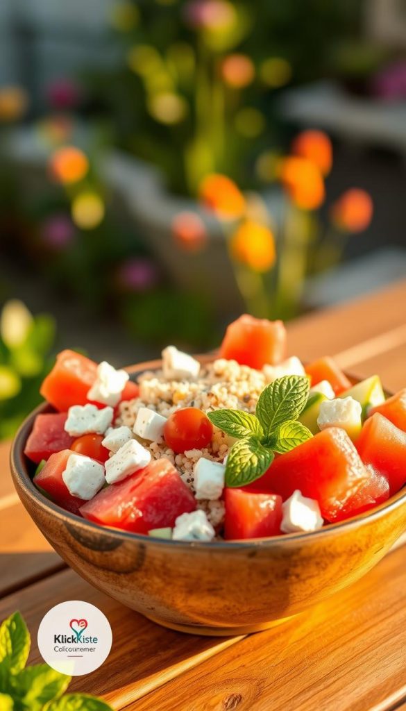 A vibrant summer salad, artfully arranged in a rustic bowl, showcasing a colorful mix of fresh ingredients. In the foreground, juicy watermelon cubes contrast beautifully with creamy feta cheese crumbles, sprinkled with fresh mint leaves. The middle layer features perfectly cooked couscous, nestled with cherry tomatoes and diced cucumbers, offering a delightful texture. The bowl sits atop a wooden table with a sun-kissed, blurred garden background, softly illuminated by golden hour lighting. Natural, warm colors evoke a cheerful and inviting mood. A small logo of "KlickKiste" is subtly integrated into the scene. The composition captures an authentic and inspiring summer vibe, perfect for a Pinterest aesthetic.