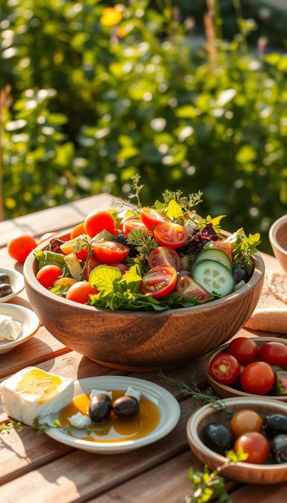 A vibrant summer salad, brimming with fresh, colorful vegetables like ripe cherry tomatoes, crunchy cucumbers, and mixed greens, elegantly arranged in a rustic wooden bowl. Sprigs of aromatic herbs like basil, parsley, and dill peek out from the salad, adding freshness. Surround the bowl with small plates of delicious accompaniments such as feta cheese, olives, and a drizzle of olive oil, creating an inviting spread. The scene is set on a sunlit picnic table, with a warm, golden hour glow enhancing the colors of the ingredients. The background features a lush garden with green foliage, evoking a sense of summer abundance. The overall mood is warm, cheerful, and inspiring, reflecting a Pinterest-worthy aesthetic. Inspired by KlikKiste's natural style.