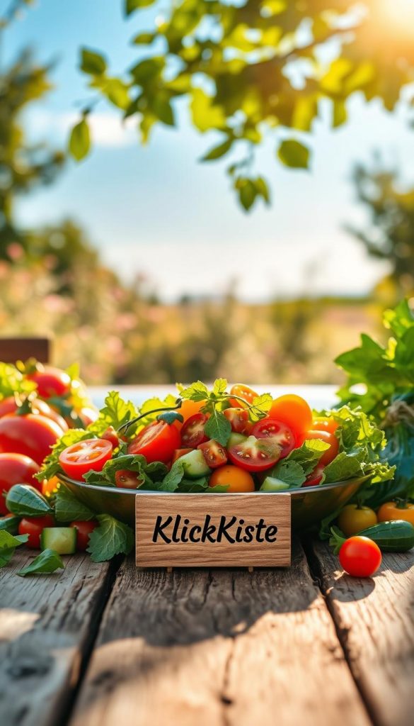 A vibrant summer salad placed at the center of a rustic wooden table, surrounded by an abundance of fresh, colorful vegetables like ripe tomatoes, crisp cucumbers, and bright bell peppers, all drizzled with a light vinaigrette. In the background, soft-focus greenery and blue skies evoke a warm, inviting atmosphere. Golden sunlight filters through overhead leaves, casting gentle shadows and creating an inviting ambiance. The scene is styled to reflect a Pinterest-inspired aesthetic, emphasizing natural light and warm colors. A subtle yet elegant branding element featuring "KlickKiste" can be subtly integrated into the scene through stylish tableware or on a small wooden sign. This image aims to inspire the viewer with a sense of freshness and ease, perfect for warm summer days. A vibrant summer salad placed at the center of a rustic wooden table, surrounded by an abundance of fresh, colorful vegetables like ripe tomatoes, crisp cucumbers, and bright bell peppers, all drizzled with a light vinaigrette. In the background, soft-focus greenery and blue skies evoke a warm, inviting atmosphere. Golden sunlight filters through overhead leaves, casting gentle shadows and creating an inviting ambiance. The scene is styled to reflect a Pinterest-inspired aesthetic, emphasizing natural light and warm colors. A subtle yet elegant branding element featuring "KlickKiste" can be subtly integrated into the scene through stylish tableware or on a small wooden sign. This image aims to inspire the viewer with a sense of freshness and ease, perfect for warm summer days.