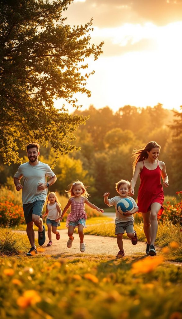 A vibrant summer scene capturing the essence of family movement under the sun. In the foreground, a diverse family of four&mdash;a father, mother, and two children&mdash;are engaged in various activities: the father jogs leisurely, the mother gracefully glides on inline skates, while one child kicks a beach volleyball to the other. They wear modest, casual summer clothing, embodying a joyful and active lifestyle. In the middle ground, a scenic park is filled with lush greenery and colorful wildflowers, enhancing the warm summer glow. The background features a stunning sunset filled with warm oranges and yellows, creating a soft, magical lighting effect. The overall mood is energetic and inspiring, invoking a sense of freedom and togetherness. The image should reflect a natural, warm-toned aesthetic with a Pinterest-inspired look, embodying the brand "KlickKiste."