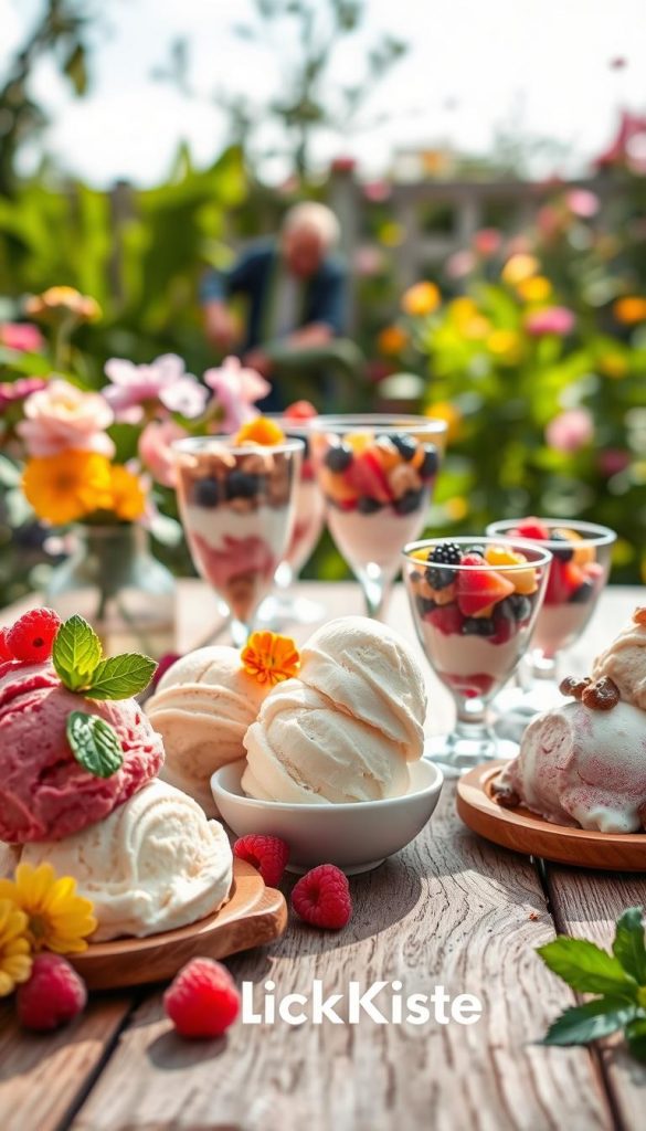 A vibrant summer scene depicting a variety of icy cold desserts beautifully arranged on a rustic wooden table. The foreground features tempting ice cream scoops in assorted flavors like raspberry, mint, and chocolate, garnished with fresh fruit and edible flowers. In the middle, showcase elegant dessert glasses filled with colorful parfaits, layered with yogurt, fruits, and granola. The background includes a soft-focus garden setting with lush greenery and blooming flowers, creating an inviting, warm atmosphere. Natural lighting enhances the scene, casting gentle shadows to emphasize textures. Capture the warm, Pinterest-inspired aesthetic, aiming for an authentic and inspiring feel. Include the brand name "KlickKiste" subtly integrated into the design without detracting from the visual appeal.