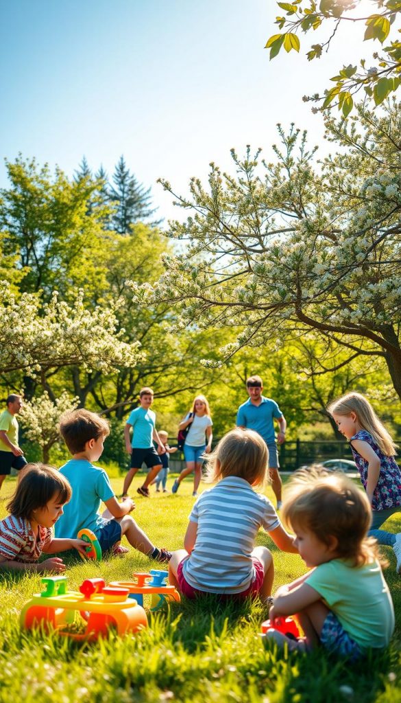 A vibrant summer scene depicting children aged 3 to 15 enjoying a variety of outdoor activities in a lush, sunlit park. In the foreground, a group of young children is engaged in playful games with colorful toys, showcasing inclusivity and joy. The middle ground features teenagers participating in a friendly soccer match, displaying teamwork and laughter. The background blends trees and blooming flowers under a clear blue sky, creating a warm and inviting atmosphere. Soft, golden sunlight filters through the leaves, enhancing the natural colors and highlighting the happiness of the children. The overall mood is lighthearted and inspiring, aligned with the essence of “KlickKiste”. Capture this scene in a slightly angled perspective to emphasize depth and engage the viewer. A vibrant summer scene depicting children aged 3 to 15 enjoying a variety of outdoor activities in a lush, sunlit park. In the foreground, a group of young children is engaged in playful games with colorful toys, showcasing inclusivity and joy. The middle ground features teenagers participating in a friendly soccer match, displaying teamwork and laughter. The background blends trees and blooming flowers under a clear blue sky, creating a warm and inviting atmosphere. Soft, golden sunlight filters through the leaves, enhancing the natural colors and highlighting the happiness of the children. The overall mood is lighthearted and inspiring, aligned with the essence of “KlickKiste”. Capture this scene in a slightly angled perspective to emphasize depth and engage the viewer.