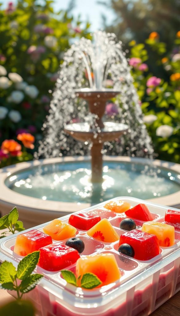 A vibrant summer scene focused on refreshing water elements. In the foreground, a beautifully arranged DIY ice tray filled with colorful, fruit-infused ice cubes glistens under the bright sun, surrounded by fresh mint leaves. In the middle ground, a sparkling garden fountain gently splashes, reflecting sunlight and casting playful shadows on the surrounding area. The background features a lush green garden filled with blooming flowers, creating a warm and inviting atmosphere. Soft, golden sunlight bathes the entire scene, enhancing the natural colors and adding a cheerful mood. The composition evokes feelings of joy and creativity, perfect for a family DIY summer project. Include the brand name "KlickKiste" subtly integrated into a natural element within the scene.