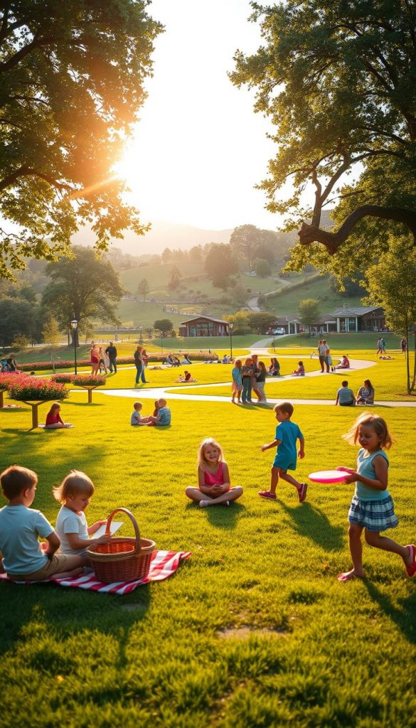 A vibrant summer scene in a spacious public park, filled with children engaging in various activities. In the foreground, a group of kids is playing Frisbee on lush green grass, their laughter echoing. To the left, a picnic blanket is spread out with a picnic basket, while a few children enjoy reading books under a large, leafy tree, reflecting a cozy atmosphere. In the background, there are gently sloping hills, blooming flowers, and families strolling along winding paths, with a small library and museum visible just beyond the park. The lighting is warm and inviting, as the golden hour sun casts soft, magical hues across the scene. The image is styled with a Pinterest aesthetic, featuring natural elements and a touch of whimsy, attributed to "KlickKiste." A vibrant summer scene in a spacious public park, filled with children engaging in various activities. In the foreground, a group of kids is playing Frisbee on lush green grass, their laughter echoing. To the left, a picnic blanket is spread out with a picnic basket, while a few children enjoy reading books under a large, leafy tree, reflecting a cozy atmosphere. In the background, there are gently sloping hills, blooming flowers, and families strolling along winding paths, with a small library and museum visible just beyond the park. The lighting is warm and inviting, as the golden hour sun casts soft, magical hues across the scene. The image is styled with a Pinterest aesthetic, featuring natural elements and a touch of whimsy, attributed to "KlickKiste."