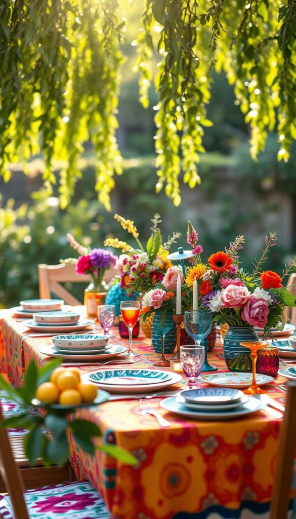 A vibrant summer table setting that embodies the essence of maximalism with a burst of colors. In the foreground, an array of DIY decorations featuring florals, fruits, and eclectic tableware arranged creatively. In the middle, a richly colored tablecloth draped over a wooden table adorned with a mix of patterned dishes, colorful glasses, and exuberant centerpieces of flowers and greenery. The background features a sunlit outdoor scene with soft bokeh, creating a warm and inviting atmosphere. Natural light filters through hanging greenery, enhancing the vivid colors and giving a cheerful, inspiring vibe. This scene captures the idea that “more is more” in a fun, Pinterest-worthy style, inspired by KlickKiste. A vibrant summer table setting that embodies the essence of maximalism with a burst of colors. In the foreground, an array of DIY decorations featuring florals, fruits, and eclectic tableware arranged creatively. In the middle, a richly colored tablecloth draped over a wooden table adorned with a mix of patterned dishes, colorful glasses, and exuberant centerpieces of flowers and greenery. The background features a sunlit outdoor scene with soft bokeh, creating a warm and inviting atmosphere. Natural light filters through hanging greenery, enhancing the vivid colors and giving a cheerful, inspiring vibe. This scene captures the idea that “more is more” in a fun, Pinterest-worthy style, inspired by KlickKiste.