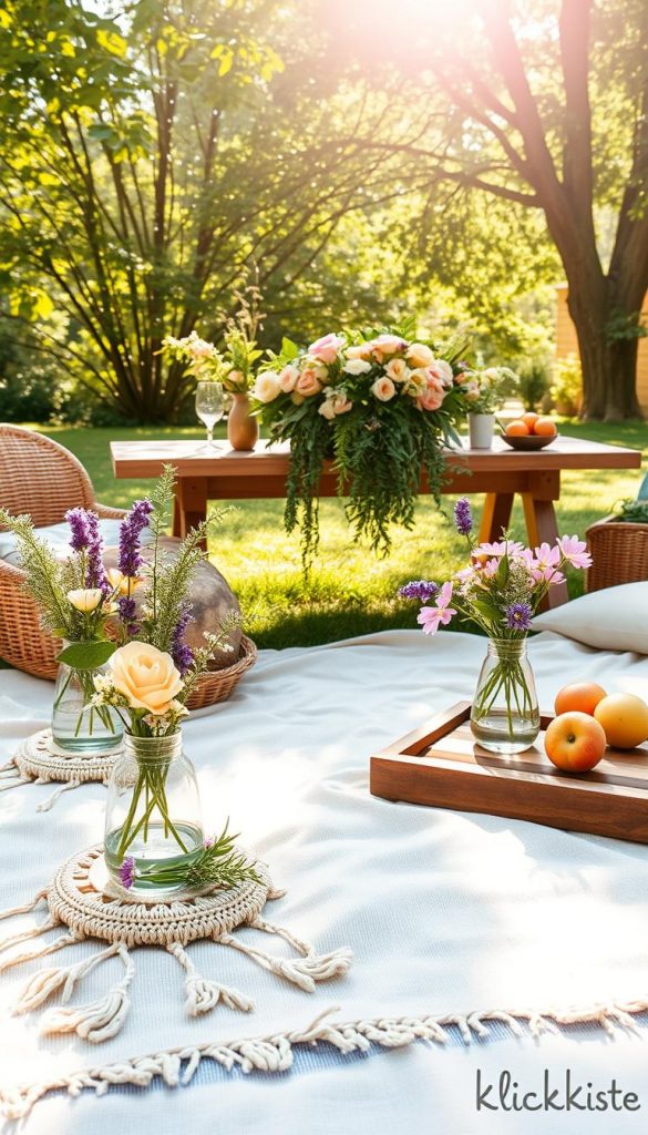 A vibrant summer-themed natural decor setup inspired by the essence of a warm sunny day. In the foreground, an inviting picnic blanket adorned with handmade macramé coasters, wildflower vases, and rustic wooden trays filled with fresh fruits. The middle ground showcases a beautifully arranged wooden table draped with lush greenery and seasonal flowers in soft pastel hues, creating a cozy atmosphere. In the background, the sunlight filters through leafy trees, casting dappled shadows and highlighting the various natural elements. The scene embodies a Pinterest-worthy, DIY aesthetic with warm colors and invites a sense of inspiration and authenticity. Ideal lighting conditions to emphasize soft, natural tones, supported by a gentle, serene ambiance. Branding subtly integrated with "KlickKiste" in the design.