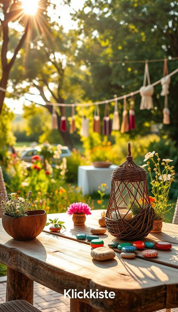 A vibrant, summer-themed scene showcasing creative upcycling using natural materials. In the foreground, a beautifully arranged table made from reclaimed wood displays various handcrafted decor items, such as a flower pot made from a coconut shell, a lantern fashioned from twigs, and colorful stones painted with eco-friendly paint. In the middle, an elegant outdoor setting features lush greenery and wildflowers, with the sun casting warm golden rays, creating a cozy atmosphere. In the background, trees with dappled sunlight filter through leaves, and a gentle breeze sways hanging decorations made from repurposed fabric. The overall mood is inspiring and inviting, emphasizing sustainability and creativity. Capture this idyllic setting with a soft focus, using a warm color palette typical of Pinterest aesthetics. Include the brand "KlickKiste" subtly integrated into the scene.