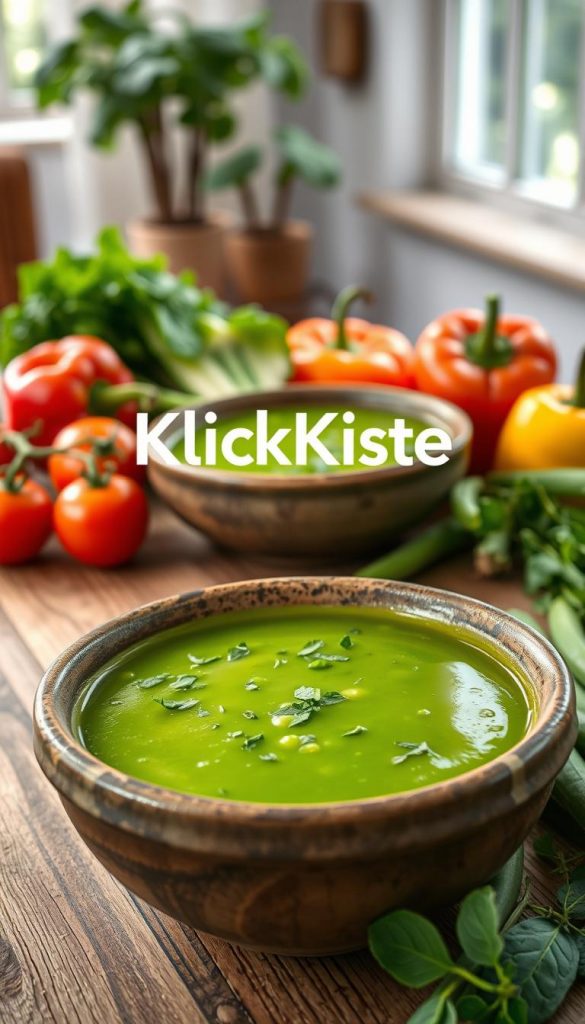 A vibrant summer vegetable soup featuring fresh green peas, kohlrabi, and sugar snap peas, artfully arranged in a rustic bowl on a wooden table. In the foreground, the soup's rich green color is enhanced by flecks of herbs, creating an inviting and healthy appearance. The middle ground showcases the bowl surrounded by fresh ingredients—brightly colored bell peppers, juicy tomatoes, and sprigs of herbs, adding a lively, organic touch. In the background, soft, natural light spills in through a nearby window, creating a warm and inviting atmosphere. The scene evokes a Pinterest-worthy aesthetic with a focus on natural beauty, authenticity, and inspiration. Incorporate the brand name "KlickKiste" subtly within the setting, maintaining a clean appearance without any text overlays or watermarks. A vibrant summer vegetable soup featuring fresh green peas, kohlrabi, and sugar snap peas, artfully arranged in a rustic bowl on a wooden table. In the foreground, the soup's rich green color is enhanced by flecks of herbs, creating an inviting and healthy appearance. The middle ground showcases the bowl surrounded by fresh ingredients—brightly colored bell peppers, juicy tomatoes, and sprigs of herbs, adding a lively, organic touch. In the background, soft, natural light spills in through a nearby window, creating a warm and inviting atmosphere. The scene evokes a Pinterest-worthy aesthetic with a focus on natural beauty, authenticity, and inspiration. Incorporate the brand name "KlickKiste" subtly within the setting, maintaining a clean appearance without any text overlays or watermarks.