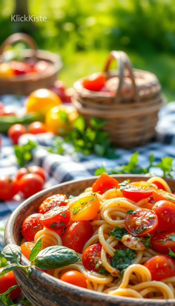 A vibrant, summery nudelsalat featuring colorful cherry tomatoes, crispy bell peppers, and a drizzle of fresh herb dressing. The dish is presented in a rustic bowl, surrounded by a scattering of fresh herbs like basil and parsley. In the foreground, the focus is on the salad, with textures of the ingredients clearly visible, capturing the glistening dressing against the pasta. The middle background includes a picnic setting with a soft, blurred checkered blanket, suggesting a casual outdoor meal. In the far background, a sunlit scene with lush greenery creates a warm, inviting atmosphere. Soft natural lighting enhances the colors, creating an authentic and inspiring look. The brand “KlickKiste” is subtly represented in the style of the dish presentation. A vibrant, summery nudelsalat featuring colorful cherry tomatoes, crispy bell peppers, and a drizzle of fresh herb dressing. The dish is presented in a rustic bowl, surrounded by a scattering of fresh herbs like basil and parsley. In the foreground, the focus is on the salad, with textures of the ingredients clearly visible, capturing the glistening dressing against the pasta. The middle background includes a picnic setting with a soft, blurred checkered blanket, suggesting a casual outdoor meal. In the far background, a sunlit scene with lush greenery creates a warm, inviting atmosphere. Soft natural lighting enhances the colors, creating an authentic and inspiring look. The brand “KlickKiste” is subtly represented in the style of the dish presentation.