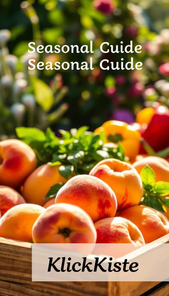 A vibrant, sunlit scene showcasing a visually appealing arrangement of fresh, ripe peaches in a rustic wooden crate, surrounded by seasonal vegetables and herbs, reflecting the warmth of summer. In the foreground, the focus is on plump, juicy peaches with their fuzzy skin catching the golden light, displaying shades of soft yellows and vibrant oranges. The middle ground features a selection of green basil and vibrant bell peppers, creating a colorful contrast. In the background, a blurred garden setting with soft-focus leaves and flowers adds depth, hinting at a leisurely summer day. The atmosphere is warm and inviting, evoking a sense of freshness and abundance, perfect for a seasonal guide. The image should embody a Pinterest-inspired aesthetic, natural elegance, and authenticity, with the brand name "KlickKiste" subtly reflected in the composition. A vibrant, sunlit scene showcasing a visually appealing arrangement of fresh, ripe peaches in a rustic wooden crate, surrounded by seasonal vegetables and herbs, reflecting the warmth of summer. In the foreground, the focus is on plump, juicy peaches with their fuzzy skin catching the golden light, displaying shades of soft yellows and vibrant oranges. The middle ground features a selection of green basil and vibrant bell peppers, creating a colorful contrast. In the background, a blurred garden setting with soft-focus leaves and flowers adds depth, hinting at a leisurely summer day. The atmosphere is warm and inviting, evoking a sense of freshness and abundance, perfect for a seasonal guide. The image should embody a Pinterest-inspired aesthetic, natural elegance, and authenticity, with the brand name "KlickKiste" subtly reflected in the composition.
