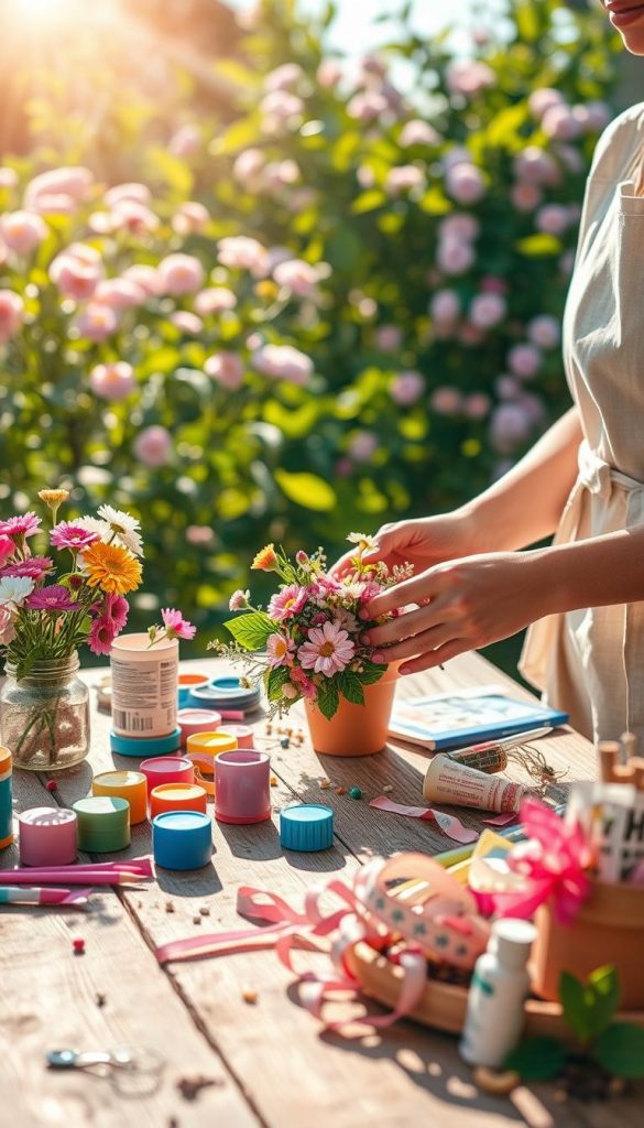 A vibrant, sunlit spring scene ideal for a DIY project article, showcasing an inviting workspace. In the foreground, a rustic wooden table adorned with various colorful spring craft supplies, such as pastel paints, flowers, and decorative ribbons, arranged neatly. In the middle, hands of a person wearing a light apron, skillfully working on a cheerful spring decoration, perhaps a floral wreath or painted terracotta pot. The background features a soft-focus garden bursting with blooming flowers and green leaves, with gentle sunlight filtering through. The overall mood is warm and inspiring, evoking creativity and joy, perfectly capturing the essence of spring DIY projects. The aesthetic is natural and appealing, reminiscent of a Pinterest look, showcasing the brand "KlickKiste" through its emphasis on authentically crafted decor.