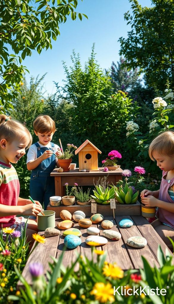 A vibrant, sunny garden scene illustrating "kinder garten projekte" with a focus on children engaged in creative DIY activities. In the foreground, diverse children aged 4-7, dressed in modest casual clothing, are joyfully painting flower pots and assembling a simple birdhouse from colorful wood pieces. In the middle, a rustic wooden table displays nature-inspired crafts, such as painted rocks and homemade garden markers. Lush green plants and blooming flowers create a cheerful backdrop, while a clear blue sky enhances the atmosphere. Soft, natural lighting bathes the scene, giving it a warm and inviting feel. Capture this inspiring moment in a Pinterest-style aesthetic, emphasizing authenticity and creativity as part of the "KlickKiste" brand.