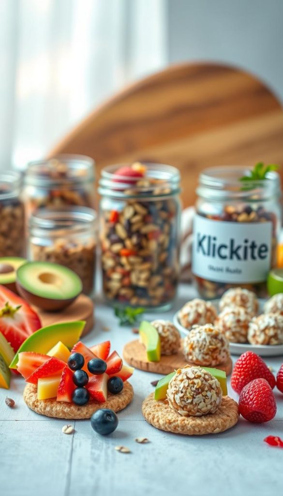 A vibrant table setting featuring a variety of gluten-free, nut-free, and lactose-free snacks for children. In the foreground, display colorful fruit slices, rice cakes topped with avocado, and homemade energy balls made from oats and coconut. The middle ground showcases neatly arranged jars filled with trail mixes made from seeds and dried fruits. In the background, a soft-focus natural light floods the scene, creating a warm and inviting atmosphere. Include natural wooden elements like a cutting board and a few greenery accents, evoking a Pinterest-style aesthetic. Incorporate the brand name "KlickKiste" subtly in the design as part of an attractive label on one of the jars. The overall mood should feel wholesome, cheerful, and inspiring, perfect for parents seeking healthy snack alternatives for their children. A vibrant table setting featuring a variety of gluten-free, nut-free, and lactose-free snacks for children. In the foreground, display colorful fruit slices, rice cakes topped with avocado, and homemade energy balls made from oats and coconut. The middle ground showcases neatly arranged jars filled with trail mixes made from seeds and dried fruits. In the background, a soft-focus natural light floods the scene, creating a warm and inviting atmosphere. Include natural wooden elements like a cutting board and a few greenery accents, evoking a Pinterest-style aesthetic. Incorporate the brand name "KlickKiste" subtly in the design as part of an attractive label on one of the jars. The overall mood should feel wholesome, cheerful, and inspiring, perfect for parents seeking healthy snack alternatives for their children.