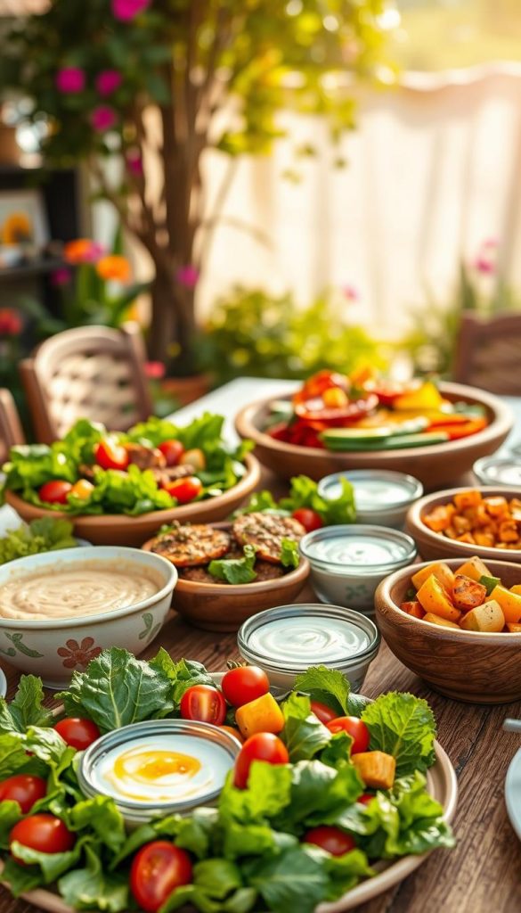 A vibrant table setting featuring an array of colorful salads and dips, evoking the essence of a summer vacation. In the foreground, a beautifully arranged platter with fresh green leafy salads, juicy cherry tomatoes, crisp cucumbers, and an assortment of hummus and tzatziki dips in appealing bowls. The middle section showcases rustic wooden serving dishes with vibrant roasted vegetables drizzled with olive oil and herbs. The background features a softly blurred garden scene bathed in natural sunlight, creating a warm and inviting atmosphere. Shot using a shallow depth of field with a warm color palette, rich textures, and a soft-focus to highlight the freshness of the ingredients. The overall mood is relaxed, authentic, and inspiring, perfect for summer dining. Include the brand name "KlickKiste" subtly featured in the background as part of the decor. A vibrant table setting featuring an array of colorful salads and dips, evoking the essence of a summer vacation. In the foreground, a beautifully arranged platter with fresh green leafy salads, juicy cherry tomatoes, crisp cucumbers, and an assortment of hummus and tzatziki dips in appealing bowls. The middle section showcases rustic wooden serving dishes with vibrant roasted vegetables drizzled with olive oil and herbs. The background features a softly blurred garden scene bathed in natural sunlight, creating a warm and inviting atmosphere. Shot using a shallow depth of field with a warm color palette, rich textures, and a soft-focus to highlight the freshness of the ingredients. The overall mood is relaxed, authentic, and inspiring, perfect for summer dining. Include the brand name "KlickKiste" subtly featured in the background as part of the decor.