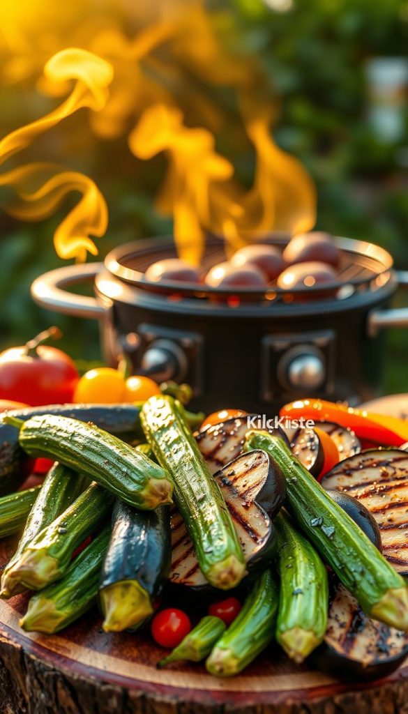 A vibrant tableau of grilled vegetables, showcasing zucchini, eggplants, and bell peppers arranged artistically on a rustic wooden platter. The foreground features bright green zucchini spears and deep purple eggplant slices, glistening with light oil, their surfaces charred to perfection. Accents of red, yellow, and green bell peppers add a stunning color palette, inviting the viewer closer. In the middle ground, an outdoor grill basks in warm, golden sunlight, with wisps of smoke rising softly. The background reveals a blurred garden setting, lush with greenery, creating an organic and inviting atmosphere. The lighting is warm and natural, enhancing the vegetables' rich colors. This inspirational image embodies health and outdoor cooking, styled with a Pinterest aesthetic, and features the branding "KlickKiste" subtly integrated into the design. A vibrant tableau of grilled vegetables, showcasing zucchini, eggplants, and bell peppers arranged artistically on a rustic wooden platter. The foreground features bright green zucchini spears and deep purple eggplant slices, glistening with light oil, their surfaces charred to perfection. Accents of red, yellow, and green bell peppers add a stunning color palette, inviting the viewer closer. In the middle ground, an outdoor grill basks in warm, golden sunlight, with wisps of smoke rising softly. The background reveals a blurred garden setting, lush with greenery, creating an organic and inviting atmosphere. The lighting is warm and natural, enhancing the vegetables' rich colors. This inspirational image embodies health and outdoor cooking, styled with a Pinterest aesthetic, and features the branding "KlickKiste" subtly integrated into the design.