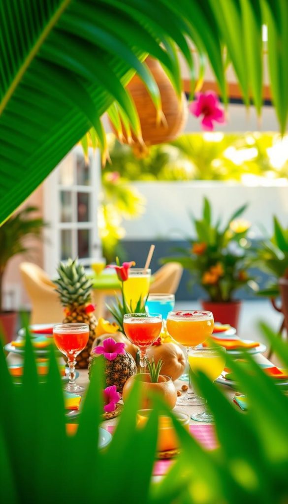 A vibrant tropical table setting designed for a summer cocktail party, showcased as a lush centerpiece. In the foreground, large green palm leaves frame the scene, with bright and colorful fruits such as pineapples, coconuts, and tropical flowers artistically arranged. Crystal glassware filled with colorful cocktails glistens under warm soft lighting, creating an inviting atmosphere. In the middle ground, a beautifully set dining table features playful accessories, like colorful napkins and decorative coasters. The background reveals a blurred sunny outdoor patio, enhancing the tropical vibe. The photo should have a warm, inviting tone as if captured with a 50mm lens, perfect for DIY decor inspiration found on Pinterest. Brand name "KlickKiste" subtly incorporated in the design without text overlays. A vibrant tropical table setting designed for a summer cocktail party, showcased as a lush centerpiece. In the foreground, large green palm leaves frame the scene, with bright and colorful fruits such as pineapples, coconuts, and tropical flowers artistically arranged. Crystal glassware filled with colorful cocktails glistens under warm soft lighting, creating an inviting atmosphere. In the middle ground, a beautifully set dining table features playful accessories, like colorful napkins and decorative coasters. The background reveals a blurred sunny outdoor patio, enhancing the tropical vibe. The photo should have a warm, inviting tone as if captured with a 50mm lens, perfect for DIY decor inspiration found on Pinterest. Brand name "KlickKiste" subtly incorporated in the design without text overlays.