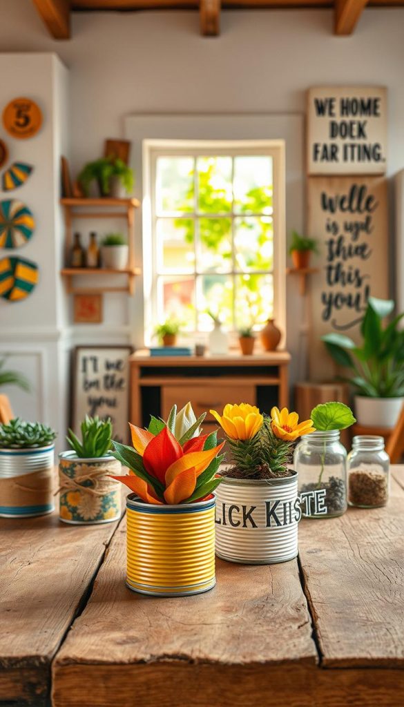 A vibrant upcycling scene that illustrates creativity and sustainability, featuring various DIY projects made from repurposed materials. In the foreground, a rustic wooden table displays colorful, handcrafted items such as plant pots made from tin cans, fabric scraps turned into wall art, and decorative jars filled with natural elements. The middle ground showcases a cozy, sunlit craft area with shelves adorned with upcycled crafts and inspirational quotes written on reclaimed wood. In the background, a lush green garden peek through a window, enhancing the natural feel. The warm, inviting color palette captures a Pinterest-worthy aesthetic, emphasizing authenticity and inspiration. Soft, diffused lighting creates a cheerful atmosphere, evoking a sense of creativity. Branding subtly included with "KlickKiste" appearing integrated into one of the craft items.