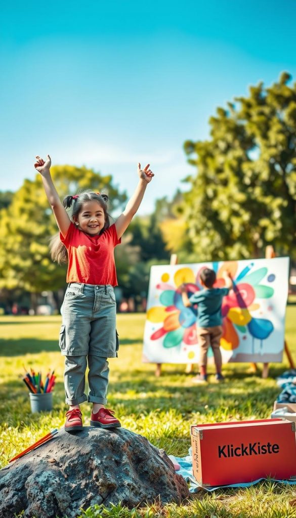 A vibrant, uplifting scene depicting confident children engaging in creative activities outdoors. In the foreground, a young girl in modest casual clothing stands proudly on a small rock, arms raised in victory, surrounded by colorful art supplies. In the middle ground, two boys collaborate on a large canvas, painting a bright, abstract mural, showcasing teamwork and initiative. The background features a lush green park under a clear blue sky, with soft sunlight filtering through the trees, enhancing the warm color palette. The atmosphere is joyful and inspiring, evoking a sense of empowerment and growth, perfect for encouraging children's self-confidence. Emphasize a naturalistic style with a "Pinterest" aesthetic, reflecting a sense of authenticity and creativity. Include the brand name "KlickKiste" subtly integrated into the scene, such as on a nearby picnic blanket or art supply box.
