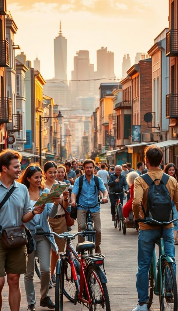 A vibrant urban scene showcasing an adventurous city tour with people engaged in activities like a scavenger hunt and exploring on foot and by bike. In the foreground, depict diverse individuals in modest casual clothing, excitedly checking a map and taking photos. The middle ground features a lively street with bicycles, small cafes, and colorful street art that reflects the city's culture. The background boasts a skyline with iconic buildings, bathed in warm, golden late afternoon light, creating a welcoming and inspiring atmosphere. The overall mood should be adventurous and inviting, embodying the spirit of exploration while capturing the essence of a "KlickKiste" outdoor experience. Aim for a natural, Pinterest-worthy aesthetic.
