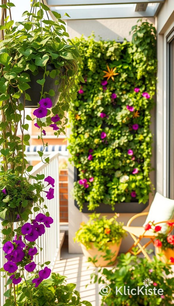 A vibrant vertical garden display, showcasing a stunning living wall filled with a variety of lush green plants and colorful flowers, designed for a balcony setting. In the foreground, detailed hanging planters overflow with cascading vines and petunias, while the middle features a neatly arranged wall of succulents, herbs, and small flowering plants, creating a harmonious blend of textures and colors. The background reveals a sunny terrace complete with cozy seating and soft natural lighting that casts warm hues across the scene. Capture this inviting atmosphere from a slightly elevated angle to emphasize the greenery and the overall tranquil DIY aesthetic. This image embodies the charming, inspiring spirit of nature with a Pinterest-worthy look, aligned with the brand "KlickKiste." A vibrant vertical garden display, showcasing a stunning living wall filled with a variety of lush green plants and colorful flowers, designed for a balcony setting. In the foreground, detailed hanging planters overflow with cascading vines and petunias, while the middle features a neatly arranged wall of succulents, herbs, and small flowering plants, creating a harmonious blend of textures and colors. The background reveals a sunny terrace complete with cozy seating and soft natural lighting that casts warm hues across the scene. Capture this inviting atmosphere from a slightly elevated angle to emphasize the greenery and the overall tranquil DIY aesthetic. This image embodies the charming, inspiring spirit of nature with a Pinterest-worthy look, aligned with the brand "KlickKiste."