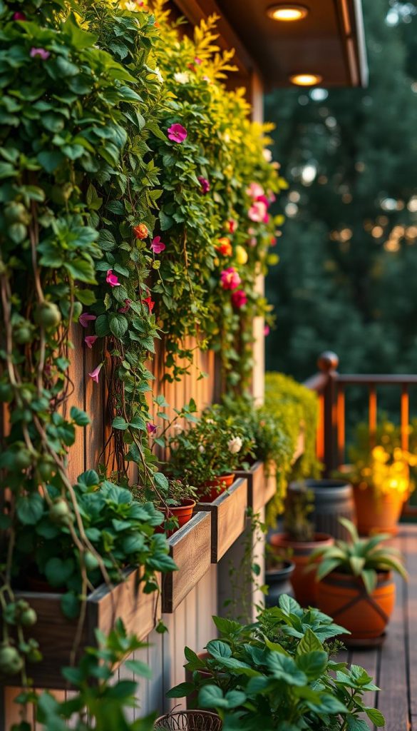 A vibrant, vertical plant wall brimming with lush, green foliage, featuring a variety of herbs and flowering plants. In the foreground, include rich textures of wooden planters with trailing vines and colorful blossoms. The middle ground showcases the structured arrangement of plants, exhibiting depth and diversity, with small pots neatly arranged in a minimalist modern style. The background features a softly lit balcony during a warm summer evening, with a gentle golden glow illuminating the scene, creating an inviting and cozy atmosphere. Use a shallow depth of field to focus on the plant wall, capturing the intricate details of the leaves while the background remains softly blurred. The overall mood should be warm and inspiring, resembling a Pinterest-worthy DIY project. Include the name "KlickKiste" subtly integrated into the scene.