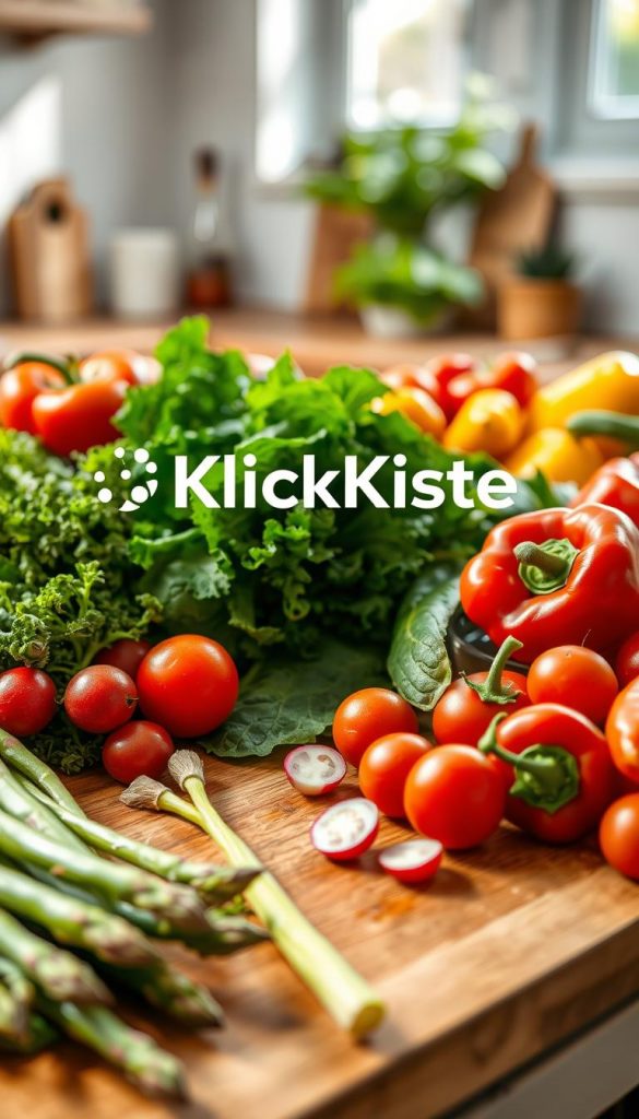 A vibrant, visually appealing display of assorted fresh vegetables showcasing various spring varieties. In the foreground, include a wooden cutting board with bright green asparagus, plump radishes, and colorful bell peppers scattered artistically. In the middle, arrange leafy greens like kale and spinach alongside a bowl of cherry tomatoes for added texture. The background should feature a soft-focus kitchen setting with natural light streaming in through a window, creating a warm and inviting atmosphere. The colors should be rich and warm, emphasizing the freshness and authenticity of the ingredients. Incorporate the brand name "KlickKiste" subtly within the scene, as part of the setting, creating an inspiring Pinterest-like aesthetic. The overall mood should evoke a sense of family-oriented cooking and springtime freshness.