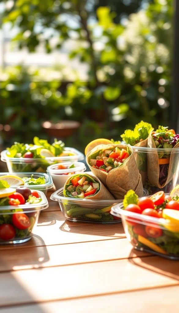 A vibrant, visually appealing "salate to go" presentation featuring fresh summer salads in clear, eco-friendly containers, beautifully arranged on a wooden table. In the foreground, focus on a variety of colorful salads, including mixed greens, cherry tomatoes, cucumbers, and avocado, garnished with lemon slices and herbs, showcasing their freshness. The middle layer should include wrapped, portable salad wraps, filled with vibrant vegetables and lean proteins, neatly cut in half to reveal the colorful contents. The background features a sunlit outdoor setting, with soft natural lighting casting gentle shadows, and greenery softly blurred. Incorporate a stylish look inspired by Pinterest, using warm tones and a cozy atmosphere that evokes summer. Include the brand name "KlickKiste" subtly represented in an elegant style on one of the containers. A vibrant, visually appealing "salate to go" presentation featuring fresh summer salads in clear, eco-friendly containers, beautifully arranged on a wooden table. In the foreground, focus on a variety of colorful salads, including mixed greens, cherry tomatoes, cucumbers, and avocado, garnished with lemon slices and herbs, showcasing their freshness. The middle layer should include wrapped, portable salad wraps, filled with vibrant vegetables and lean proteins, neatly cut in half to reveal the colorful contents. The background features a sunlit outdoor setting, with soft natural lighting casting gentle shadows, and greenery softly blurred. Incorporate a stylish look inspired by Pinterest, using warm tones and a cozy atmosphere that evokes summer. Include the brand name "KlickKiste" subtly represented in an elegant style on one of the containers.