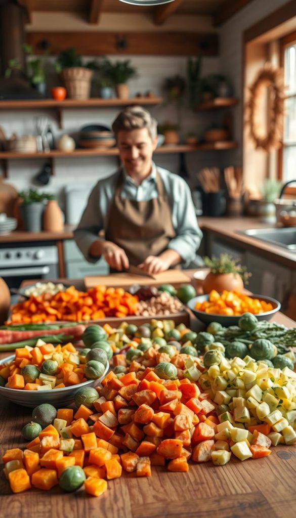 A vibrant, warm-colored kitchen scene showcases a wooden table filled with a variety of freshly prepared "garpunkte gemuese," emphasizing the ideal cooking points of winter vegetables like carrots, Brussels sprouts, and sweet potatoes. In the foreground, a skilled chef in modest casual attire is carefully chopping vegetables, radiating enthusiasm and expertise. The middle layer features a colorful array of diced and whole vegetables arranged artistically, creating a sense of abundance. The background is adorned with cozy kitchen décor, soft natural light streaming in through a window, illuminating the scene gently. Enhance the atmosphere with an inviting feel, evoking a sense of inspiration for healthy winter bowls. This image is created for "KlickKiste," ensuring a professional aesthetic with no text or watermarks. A vibrant, warm-colored kitchen scene showcases a wooden table filled with a variety of freshly prepared "garpunkte gemuese," emphasizing the ideal cooking points of winter vegetables like carrots, Brussels sprouts, and sweet potatoes. In the foreground, a skilled chef in modest casual attire is carefully chopping vegetables, radiating enthusiasm and expertise. The middle layer features a colorful array of diced and whole vegetables arranged artistically, creating a sense of abundance. The background is adorned with cozy kitchen décor, soft natural light streaming in through a window, illuminating the scene gently. Enhance the atmosphere with an inviting feel, evoking a sense of inspiration for healthy winter bowls. This image is created for "KlickKiste," ensuring a professional aesthetic with no text or watermarks.