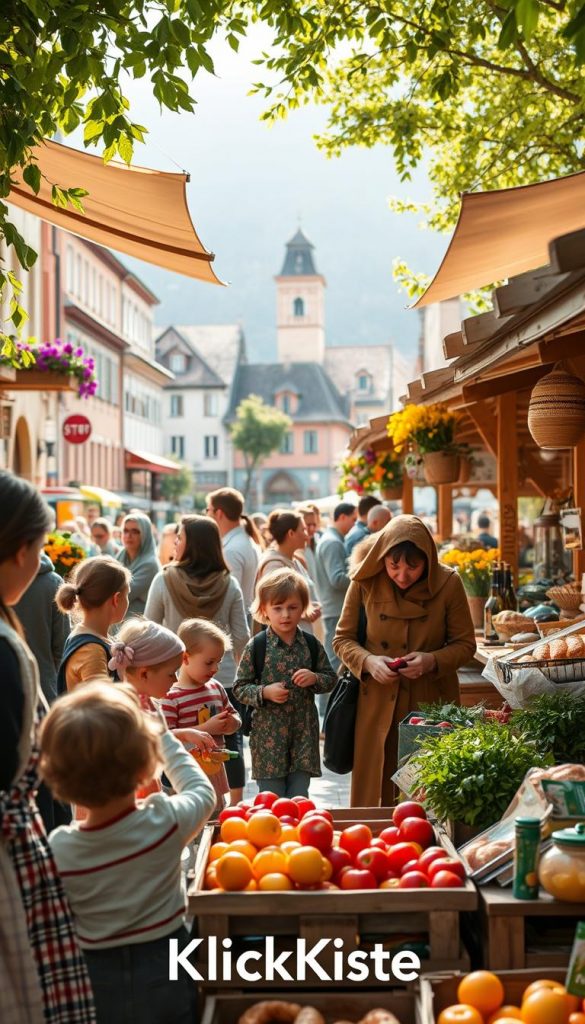 A vibrant weekly market scene showcases a sensory experience filled with life and color. In the foreground, a diverse group of families, dressed in modest casual clothing, eagerly explore fresh produce, artisan breads, and handmade crafts. Children reach out to touch colorful fruits while adults engage with friendly vendors. The middle ground features wooden stalls adorned with bright flowers and organic products under gently swaying canopies. The background reveals a charming town square with soft sunlight filtering through the trees, casting warm hues over the bustling market. The overall atmosphere is inviting and joyful, promoting community and connection. Capture this moment in a natural, authentic style reminiscent of a Pinterest aesthetic, emphasizing the joys of discovering and enjoying the local culture. The brand name "KlickKiste" should subtly reflect the essence of this experience.