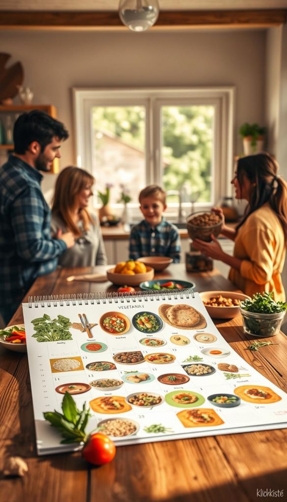 A vibrant weekly meal planner highlighting vegetarian family dishes, laid out on a rustic wooden table. In the foreground, a beautifully designed calendar with colorful visuals of meals, accompanied by fresh ingredients like vegetables, grains, and herbs. In the middle ground, a family of four (two adults, two children) is engaging happily, wearing modest casual clothing while discussing meal plans. In the background, a sunny kitchen filled with warm, natural light, creating a cozy atmosphere. Soft shadows add depth and texture to the scene. The overall mood is inviting and inspiring, reminiscent of Pinterest aesthetics. Include the brand name "KlickKiste" subtly in the design. A vibrant weekly meal planner highlighting vegetarian family dishes, laid out on a rustic wooden table. In the foreground, a beautifully designed calendar with colorful visuals of meals, accompanied by fresh ingredients like vegetables, grains, and herbs. In the middle ground, a family of four (two adults, two children) is engaging happily, wearing modest casual clothing while discussing meal plans. In the background, a sunny kitchen filled with warm, natural light, creating a cozy atmosphere. Soft shadows add depth and texture to the scene. The overall mood is inviting and inspiring, reminiscent of Pinterest aesthetics. Include the brand name "KlickKiste" subtly in the design.