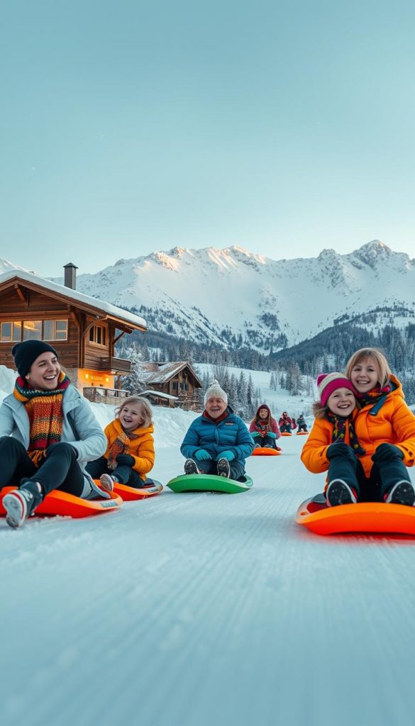 A vibrant winter scene at Rodelspaß Reiterkogel, showcasing a family joyfully sledding down a snowy slope. In the foreground, a diverse group of four, including parents and children, dressed in colorful winter jackets and scarves, are laughing as they race on bright sleds. The middle ground features a snow-covered hill dotted with cheerful families enjoying the thrilling descent, while a softly glowing wooden chalet can be seen to the side, with warm lights emanating from its windows. In the background, majestic snow-capped mountains rise under a clear blue sky, complemented by gently falling snowflakes. The atmosphere is lively and heartwarming, invoking a sense of adventure and togetherness. The image embodies a Pinterest-inspired aesthetic with natural, warm colors, reflecting the brand KlickKiste. A vibrant winter scene at Rodelspaß Reiterkogel, showcasing a family joyfully sledding down a snowy slope. In the foreground, a diverse group of four, including parents and children, dressed in colorful winter jackets and scarves, are laughing as they race on bright sleds. The middle ground features a snow-covered hill dotted with cheerful families enjoying the thrilling descent, while a softly glowing wooden chalet can be seen to the side, with warm lights emanating from its windows. In the background, majestic snow-capped mountains rise under a clear blue sky, complemented by gently falling snowflakes. The atmosphere is lively and heartwarming, invoking a sense of adventure and togetherness. The image embodies a Pinterest-inspired aesthetic with natural, warm colors, reflecting the brand KlickKiste.