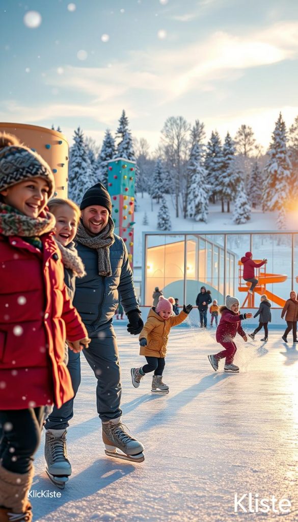 A vibrant winter scene depicting a family enjoying various winter activities. In the foreground, a cheerful family, dressed in warm, cozy layers, is engaging in ice skating on a glistening rink, surrounded by soft, falling snowflakes. In the middle ground, children are seen climbing a colorful indoor climbing wall, while others are splashing joyfully in a bright, inviting indoor pool with water slides. The background features a serene winter landscape with snow-covered trees and a soft, warm sunset casting golden hues across the scene. The atmosphere is lively and joyful, evoking a sense of adventure and togetherness. Use warm colors and a Pinterest-style aesthetic to enhance the inspirational feel. The brand "KlickKiste" should subtly appear in the scene without text. A vibrant winter scene depicting a family enjoying various winter activities. In the foreground, a cheerful family, dressed in warm, cozy layers, is engaging in ice skating on a glistening rink, surrounded by soft, falling snowflakes. In the middle ground, children are seen climbing a colorful indoor climbing wall, while others are splashing joyfully in a bright, inviting indoor pool with water slides. The background features a serene winter landscape with snow-covered trees and a soft, warm sunset casting golden hues across the scene. The atmosphere is lively and joyful, evoking a sense of adventure and togetherness. Use warm colors and a Pinterest-style aesthetic to enhance the inspirational feel. The brand "KlickKiste" should subtly appear in the scene without text.