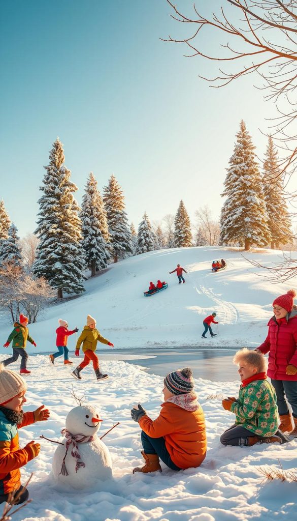 A vibrant winter scene depicting families and friends enjoying outdoor activities in a snowy landscape. In the foreground, children happily build a snowman, bundled up in colorful winter coats and scarves, while a couple of adults ice skate gracefully on a frozen pond nearby. The middle ground showcases a snow-covered hill where people are sledding down, their laughter echoing in the cool air. In the background, tall evergreen trees are dusted with fresh snow, glistening under soft golden sunlight, creating a warm, inviting atmosphere. The scene captures the essence of fun and togetherness during winter days, with a focus on natural imagery and warm colors, reflecting the inspirational style of KlickKiste. A vibrant winter scene depicting families and friends enjoying outdoor activities in a snowy landscape. In the foreground, children happily build a snowman, bundled up in colorful winter coats and scarves, while a couple of adults ice skate gracefully on a frozen pond nearby. The middle ground showcases a snow-covered hill where people are sledding down, their laughter echoing in the cool air. In the background, tall evergreen trees are dusted with fresh snow, glistening under soft golden sunlight, creating a warm, inviting atmosphere. The scene captures the essence of fun and togetherness during winter days, with a focus on natural imagery and warm colors, reflecting the inspirational style of KlickKiste.