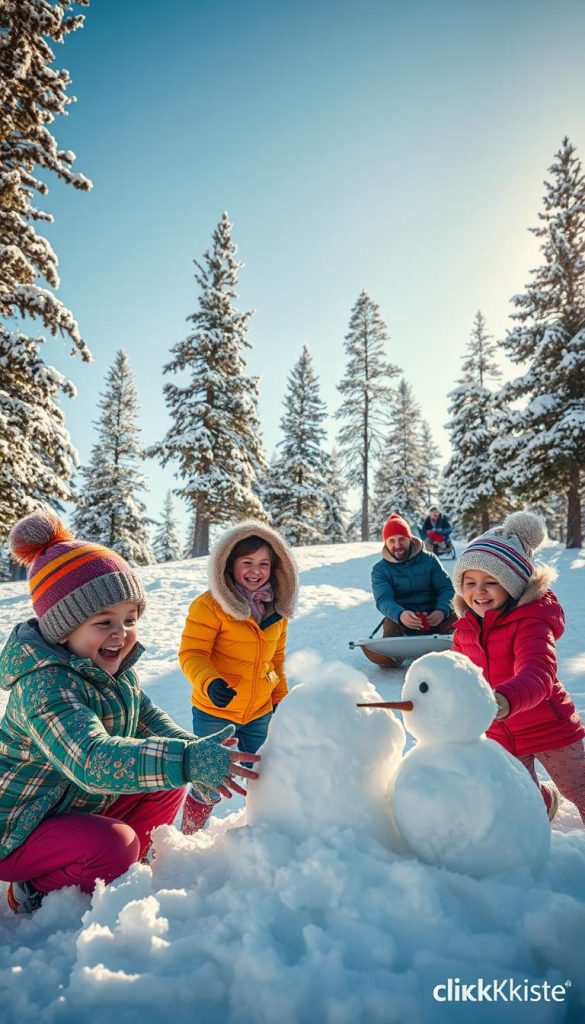 A vibrant winter scene showcasing a family joyfully playing in the snow, capturing creative outdoor activities. In the foreground, children are constructing a snowman, their cheeks flushed with excitement, bundled up in colorful winter jackets and hats. In the middle, a parent and child are engaging in a playful snowball fight, while another couple is on a sled, gliding down a gentle hill. The background features tall pine trees dusted with snow under a bright blue sky, with soft sunlight filtering through the branches, creating a warm, inviting atmosphere. The overall mood is cheerful and energetic, evoking a sense of movement and connection with nature. The aesthetic is inspired by Pinterest, with natural warm colors that feel authentic and inspiring. Include a subtle watermark featuring the brand name "KlickKiste" in a corner of the image. A vibrant winter scene showcasing a family joyfully playing in the snow, capturing creative outdoor activities. In the foreground, children are constructing a snowman, their cheeks flushed with excitement, bundled up in colorful winter jackets and hats. In the middle, a parent and child are engaging in a playful snowball fight, while another couple is on a sled, gliding down a gentle hill. The background features tall pine trees dusted with snow under a bright blue sky, with soft sunlight filtering through the branches, creating a warm, inviting atmosphere. The overall mood is cheerful and energetic, evoking a sense of movement and connection with nature. The aesthetic is inspired by Pinterest, with natural warm colors that feel authentic and inspiring. Include a subtle watermark featuring the brand name "KlickKiste" in a corner of the image.