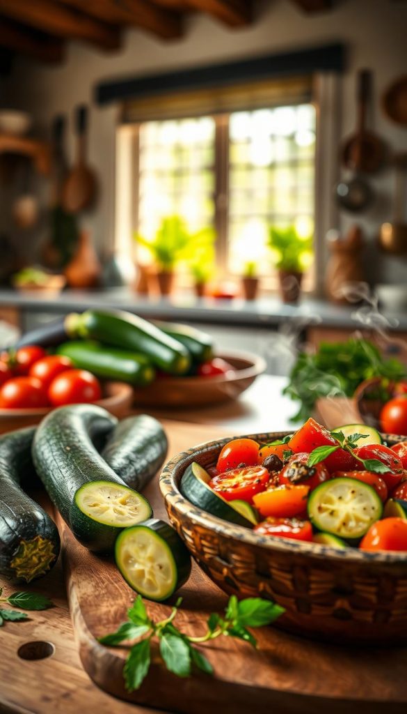 A vibrant zucchini dish featuring a colorful zucchini ratatouille, highlighted by slices of deep purple eggplant and juicy red tomatoes. In the foreground, a wooden cutting board displays fresh, whole zucchinis and a few sprigs of green herbs for garnish. The middle ground captures a beautifully plated zucchini ratatouille, with steam rising to emphasize freshness, artfully arranged in a rustic bowl. The background presents a cozy kitchen scene, with soft, warm lighting filtering through a nearby window, creating an inviting atmosphere. The setting includes a few cooking utensils and a hint of fresh vegetables scattered around. The overall mood is natural and inspiring, reflecting a healthy summer vibe, perfect for a culinary article. The image embodies the brand "KlickKiste" with a Pinterest-like aesthetic. A vibrant zucchini dish featuring a colorful zucchini ratatouille, highlighted by slices of deep purple eggplant and juicy red tomatoes. In the foreground, a wooden cutting board displays fresh, whole zucchinis and a few sprigs of green herbs for garnish. The middle ground captures a beautifully plated zucchini ratatouille, with steam rising to emphasize freshness, artfully arranged in a rustic bowl. The background presents a cozy kitchen scene, with soft, warm lighting filtering through a nearby window, creating an inviting atmosphere. The setting includes a few cooking utensils and a hint of fresh vegetables scattered around. The overall mood is natural and inspiring, reflecting a healthy summer vibe, perfect for a culinary article. The image embodies the brand "KlickKiste" with a Pinterest-like aesthetic.